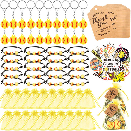 Softball Party Favours Set – 130 Piece, Keychains, Bracelets & Stickers