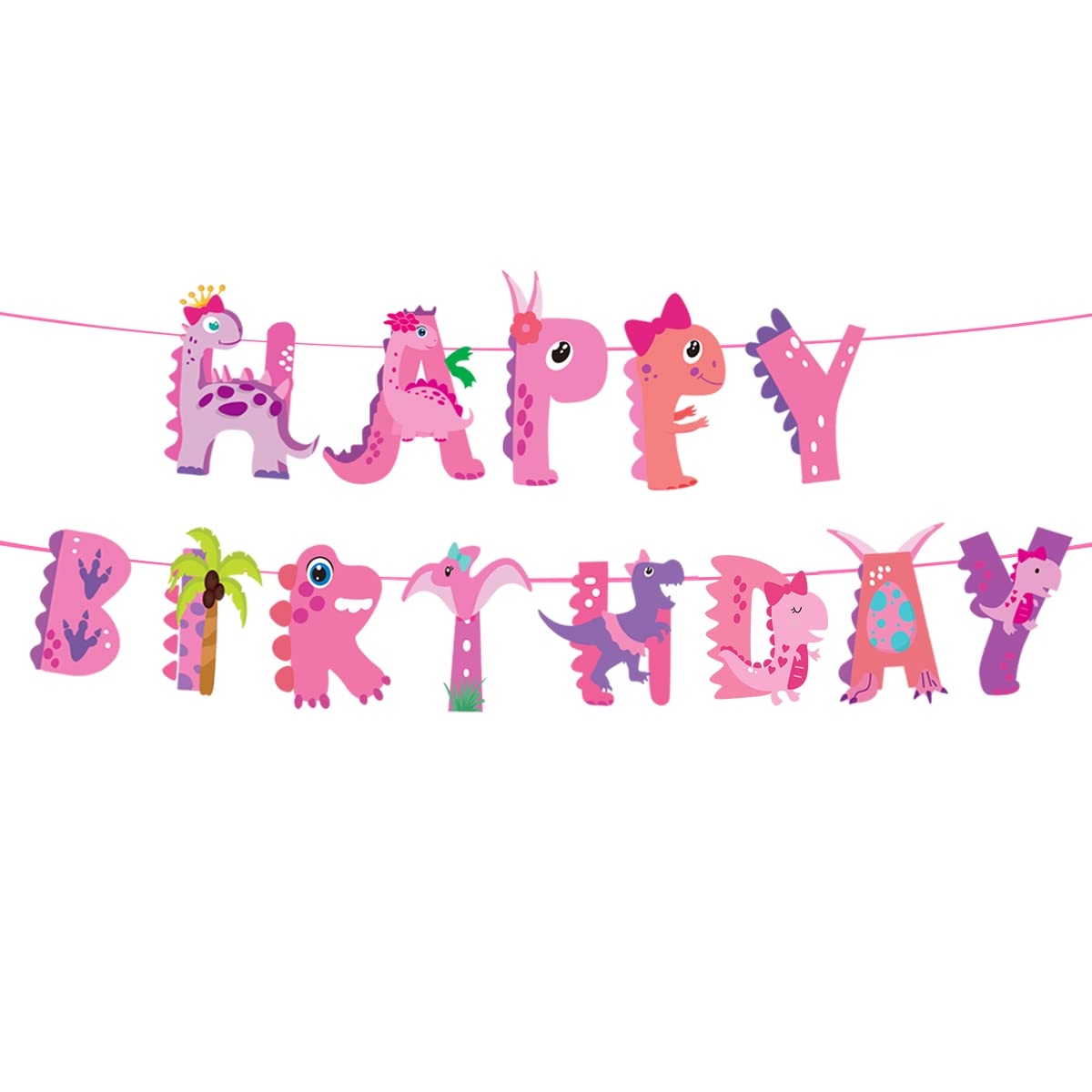 Pink Baby Dinosaur Happy Birthday Banner for Girls
