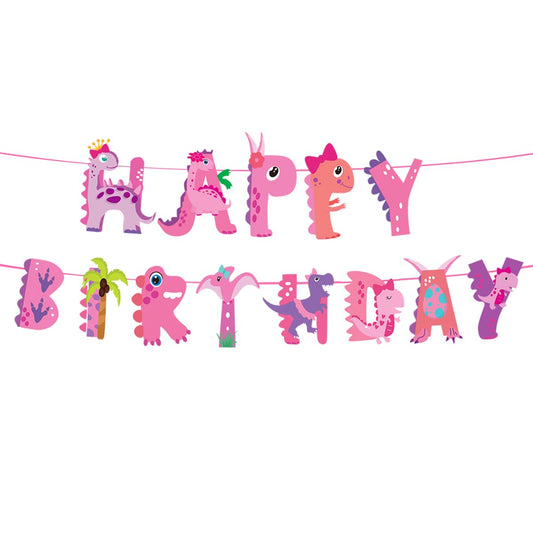Pink Baby Dinosaur Happy Birthday Banner for Girls