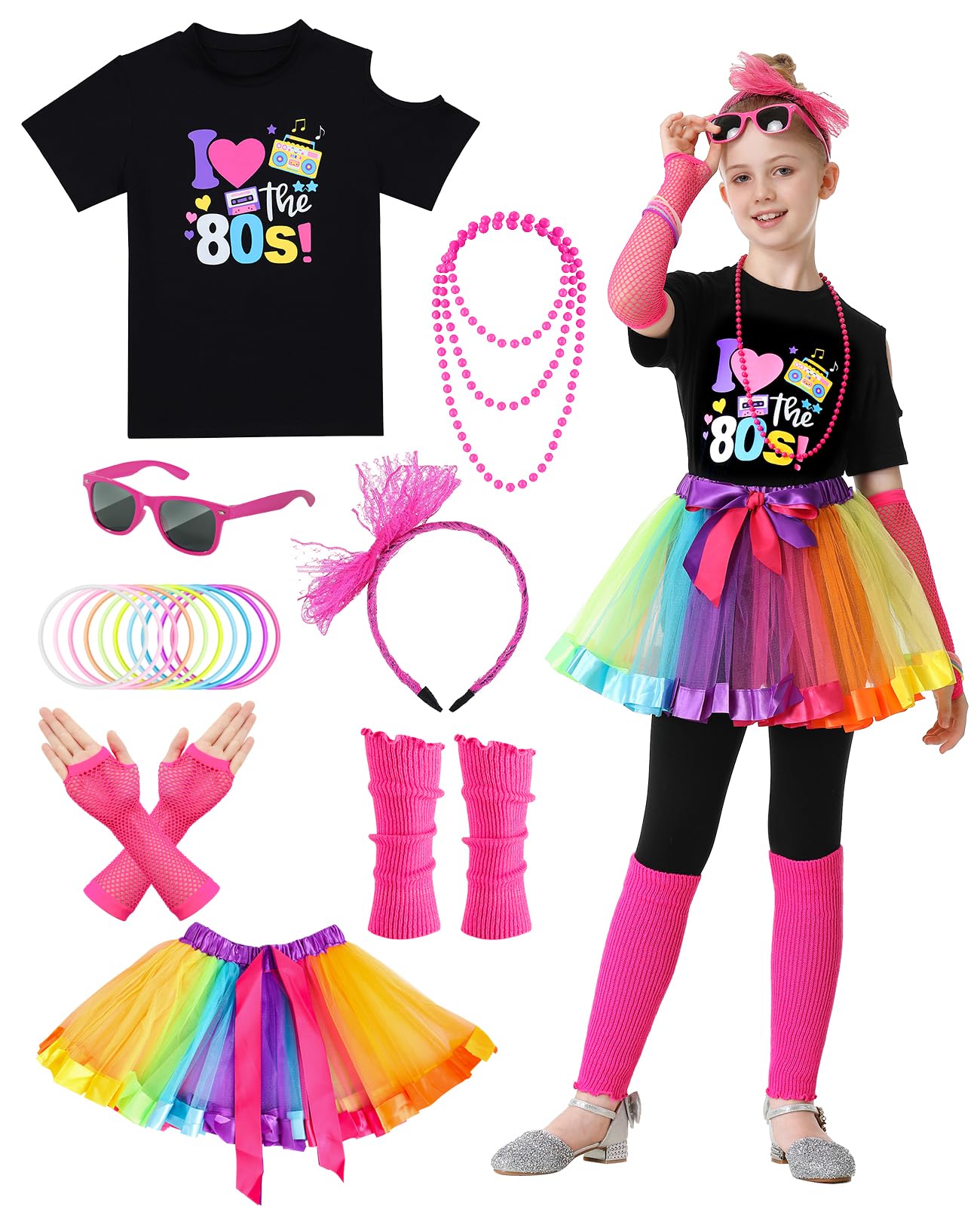 Girls' 80s Costume Accessories Set for Kids – T-Shirt, Tutu, Sunglasses & More