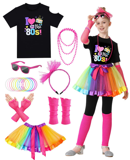 Girls' 80s Costume Accessories Set for Kids – T-Shirt, Tutu, Sunglasses & More