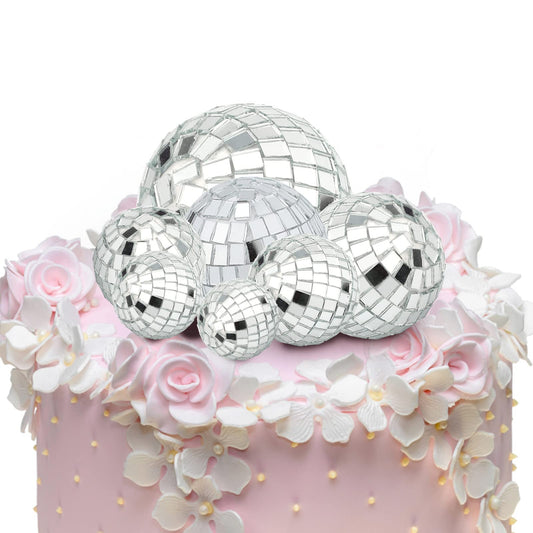 Silver Disco Ball Cake Toppers – 7 Piece, 4 Sizes