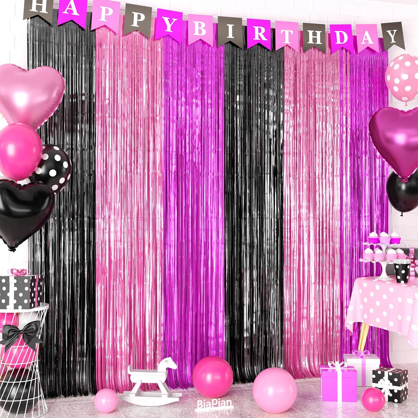 Cartoon Mouse Pink & Black Foil Fringe Backdrop Curtains – 2 Pack