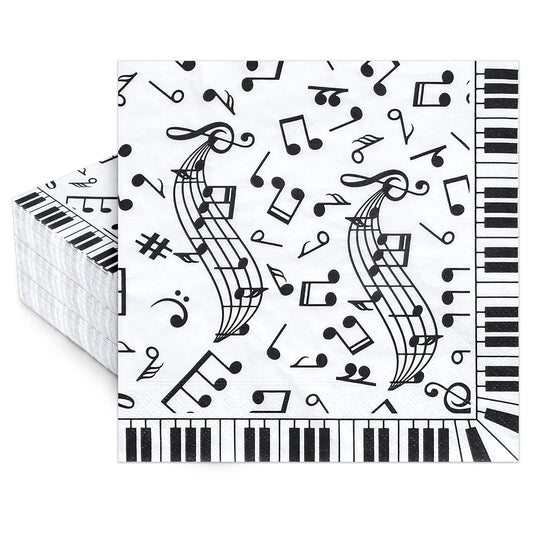 Whaline 80 Pcs Music Notes Paper Napkins 6.5 x 6.5 Inch Musical Notation Disposable Luncheon Napkin Black White Piano Keys Prints Lunch Napkin for Music Celebration Dinner Tableware Party Supplies