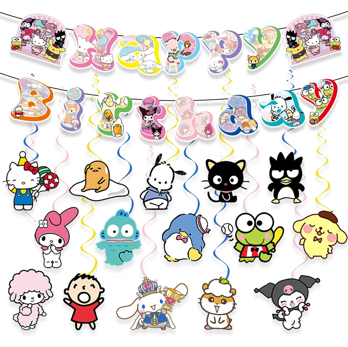 Kawaii Character Party Banner & Hanging Swirls Set - 30 ct