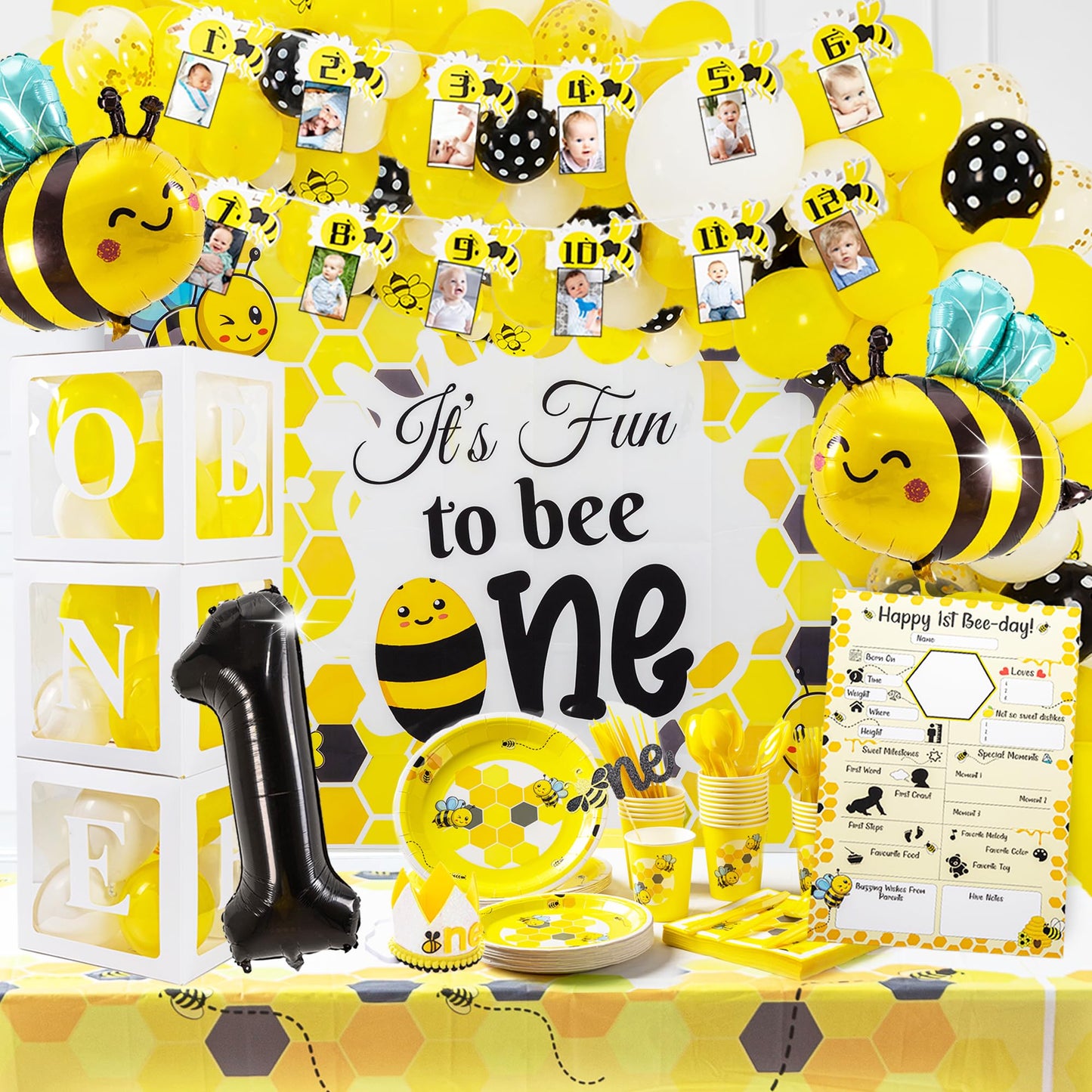 BIMASO ITS FUN TO BEE ONE First Birthday Decorations – 300+pcs Decor & Table Set - One Year Old Birthday Decorations