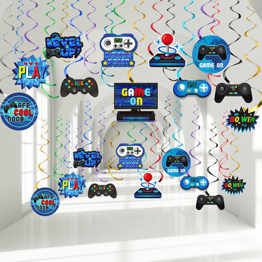 Video Game Hanging Swirl Ceiling Decorations – 51 Piece, Blue
