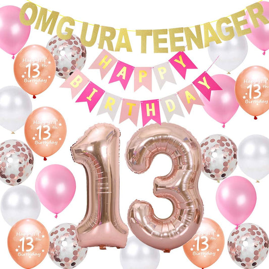 Rose Gold OMG Ur A Teenager Happy 13th Birthday Banner Garland 13 Birthday Foil Balloons Teenager Confetti Balloons for Teen Girls 13 Years Old Birthday Party Supplies Daughter(13th)