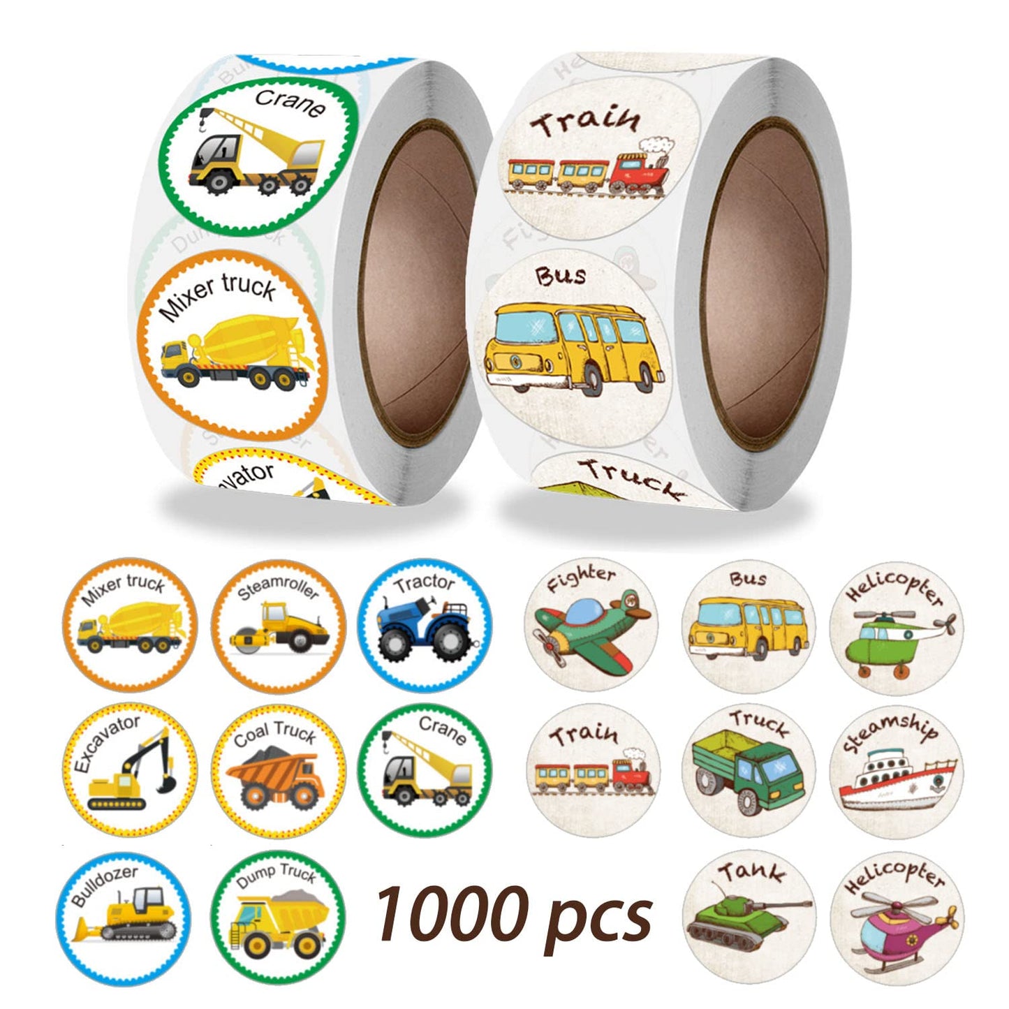 Construction Vehicle Sticker Roll – 1,000 Pieces