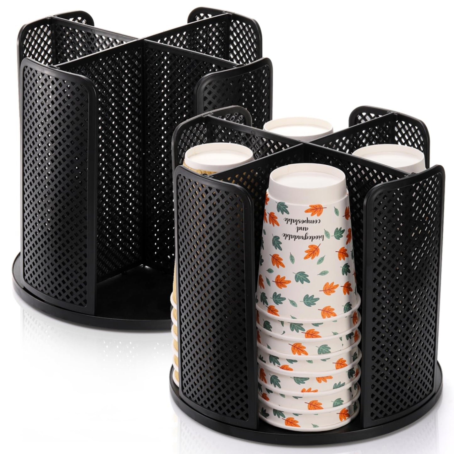 Eorbow 2 Pack Coffee Cup Dispenser Rotatable 4 Compartment Cup and Lid Holder Plastic Paper Cup Storage Organizer for Office Restaurant Breakroom Coffee Station Bar Buffet Kitchen Countertop
