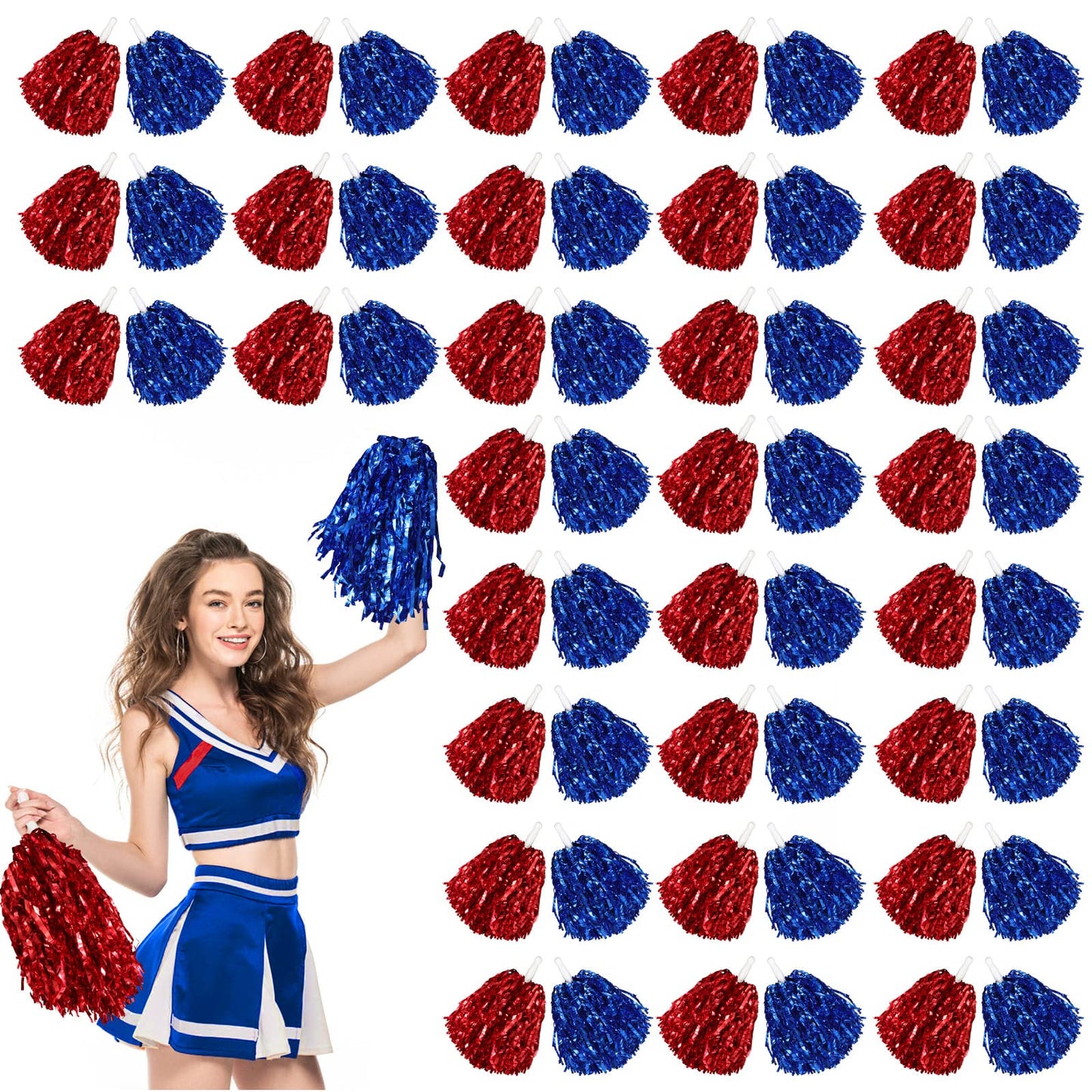 Metallic Foil Cheerleading Pom Poms – 60 Pack, Red & Blue