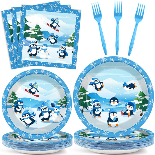 Winter Penguin Party Tableware Set – 96 Piece, Serves 24