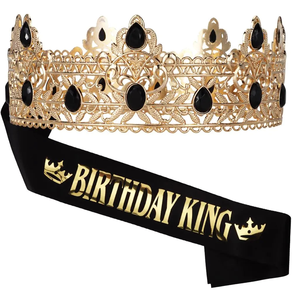 Black & Gold Birthday King Crown & Sash Set