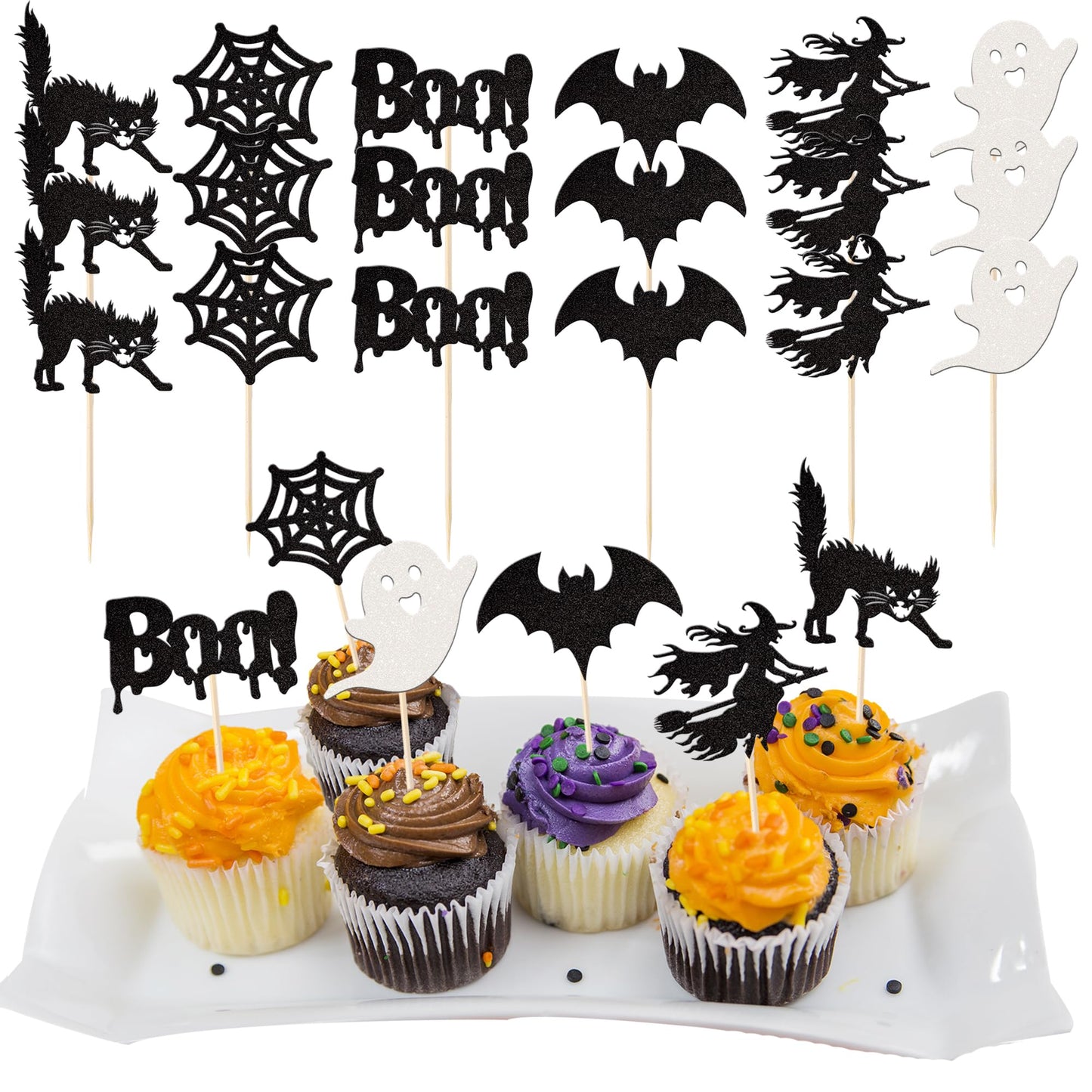 Halloween Glitter Cupcake Toppers – 36 Pack