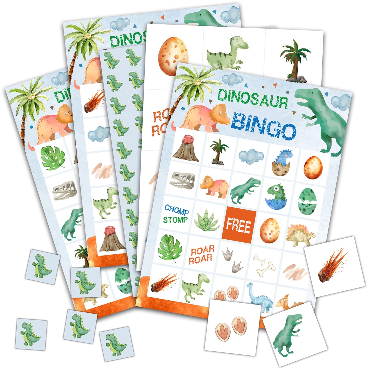 Watercolor Dinosaur Bingo Game Cards for Kids and Family