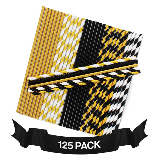 Black & Gold Paper Straws – 125 Pack, Biodegradable