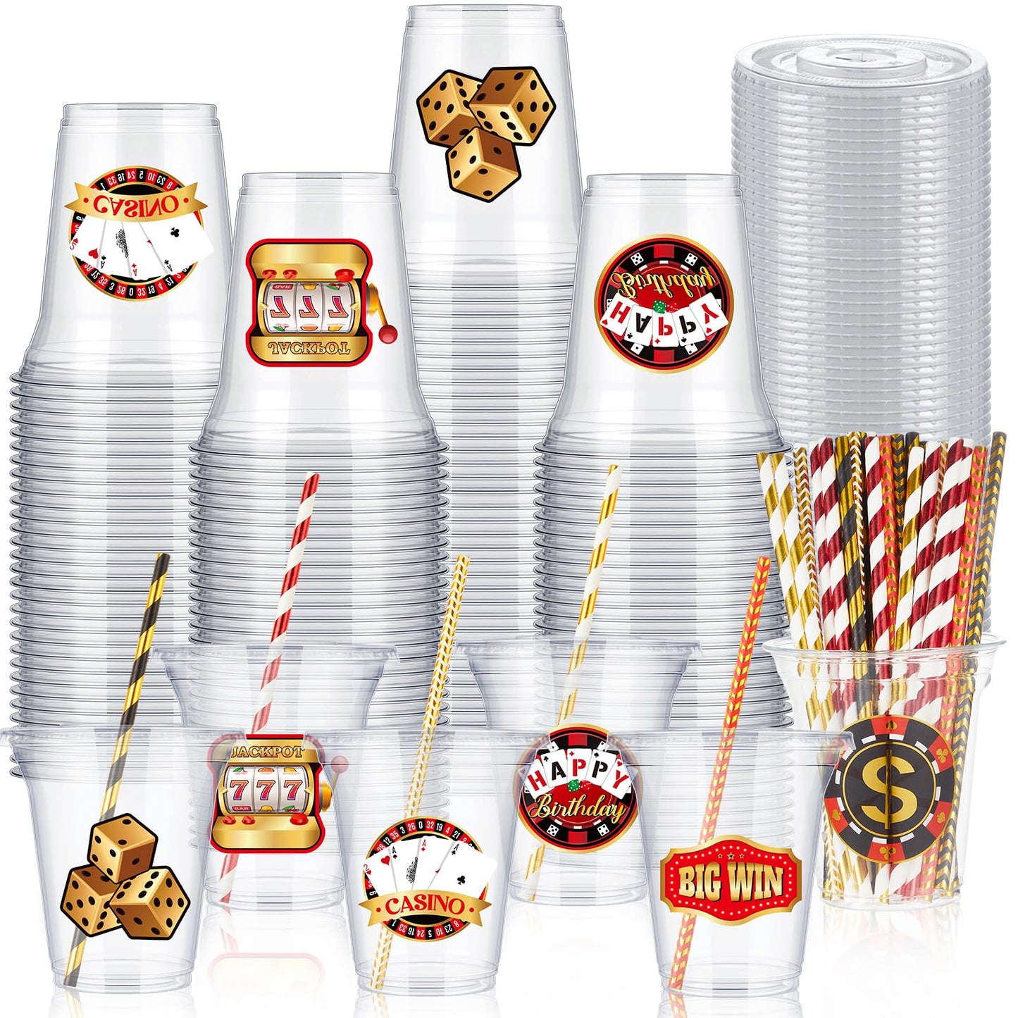 Casino Poker Plastic Cups with Lids & Straws 14oz – 60 Pack