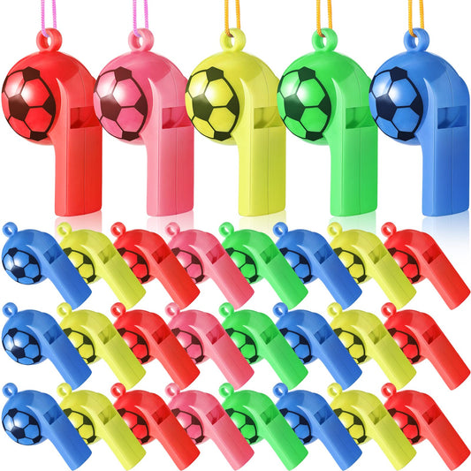 Soccer Pattern Plastic Whistles with Lanyards – 24 Pack