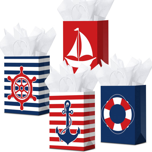 Nautical Gift Bags with Tissue Paper – 16 Pack