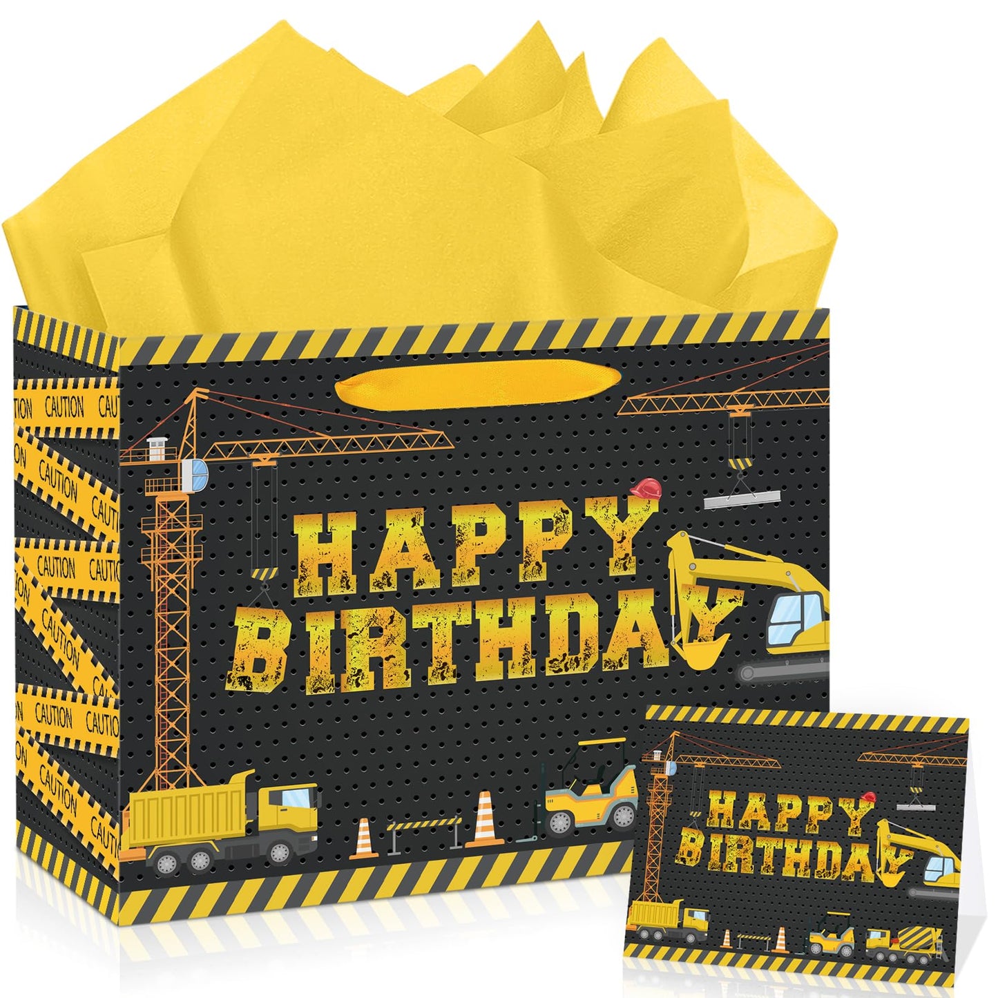 Construction Vehicle Birthday Gift Bag Set with Card & Tissue