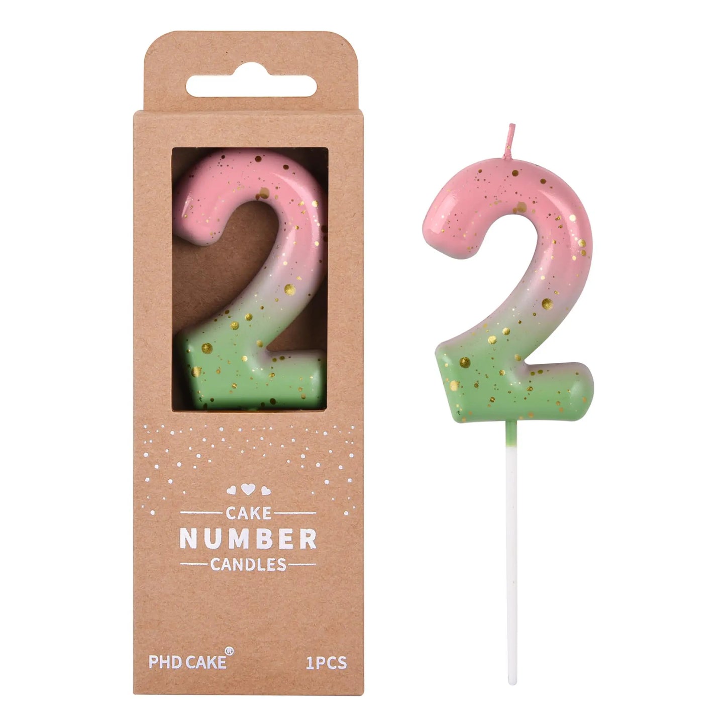 Number 2 Birthday Candle - Pink, Green & Gold