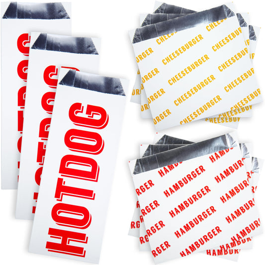 Retro Grease-Proof Food Wrapper 30 Combo Pack. 10 Each Hamburger Cheeseburger and Hot Dog Sturdy Bags. Heat Proof Restaurant Grade Allergen Friendly BBQ Foil Paper Supply for Themed Party Event