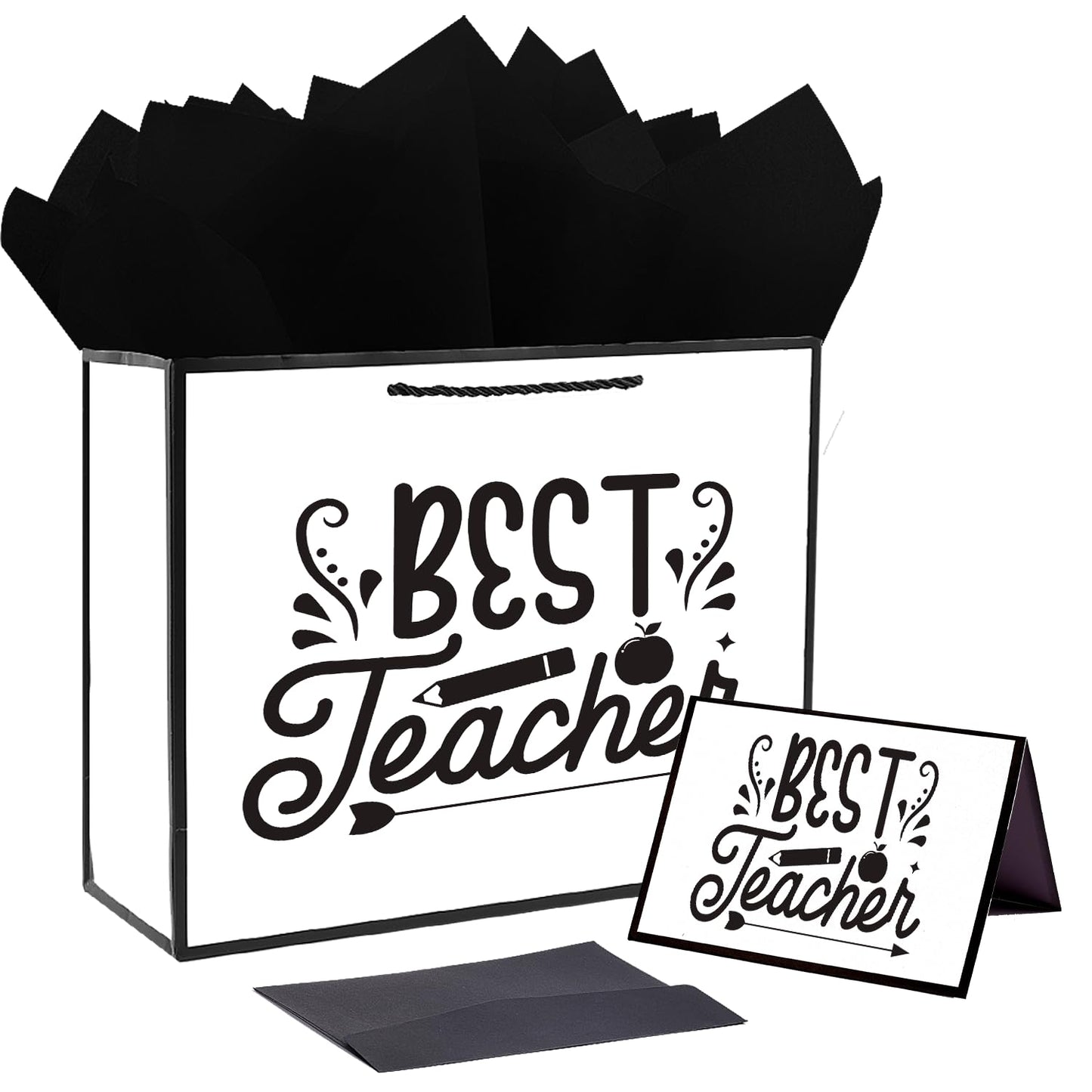 JWSCYSY 12.6" White and Metallic Black Gift Bag with Card and Tissue Paper Gift ideas for Teacher Graduation Retirement Celebration Birthday (Best Teacher)