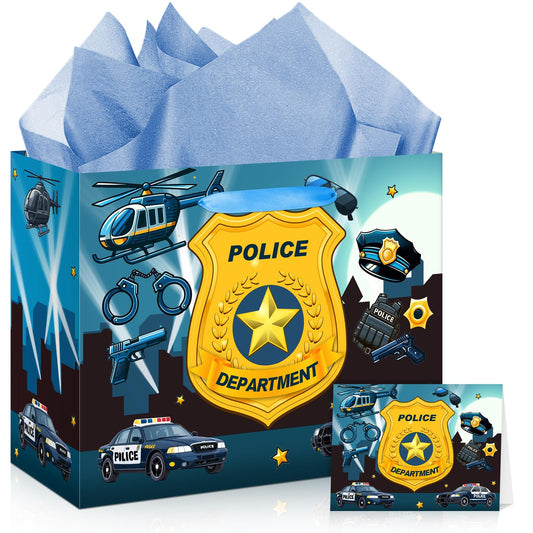 Police Birthday Gift Bag with Wrapping Paper & Card