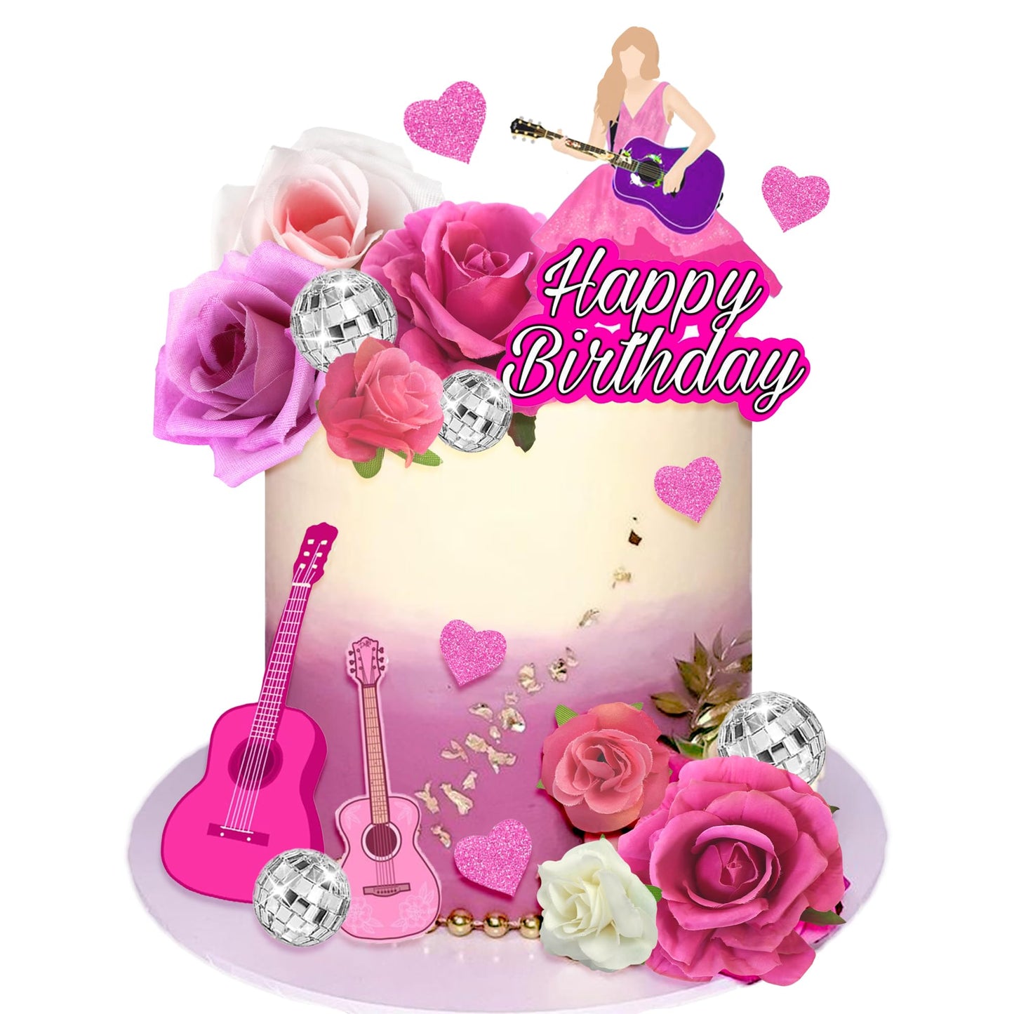18 PCS Music Cake Toppers Pink Girl Birthday Cake Topper and Guitar Flower Cake Topper for Music Birthday Party Decorations Supplies