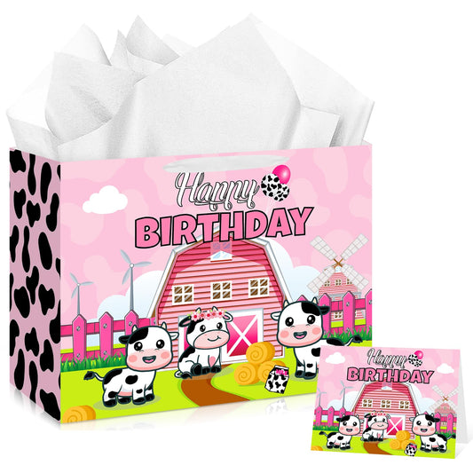 Large Happy Birthday Gift Bag 1st 2nd Birthday Gift Bag for Baby Girls Cow Print Gift Bag Pink Wrapping Bag with Tissue Paper Greeting Card for Christmas Girls Newborn Birthday Baby Shower Party Supplies