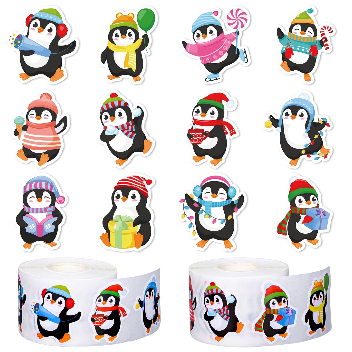 Winter Penguin Christmas Stickers – 1000 Pack, 12 Designs
