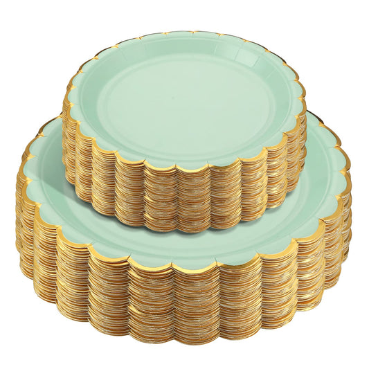 Sage Green Scalloped Paper Plates with Gold Border
