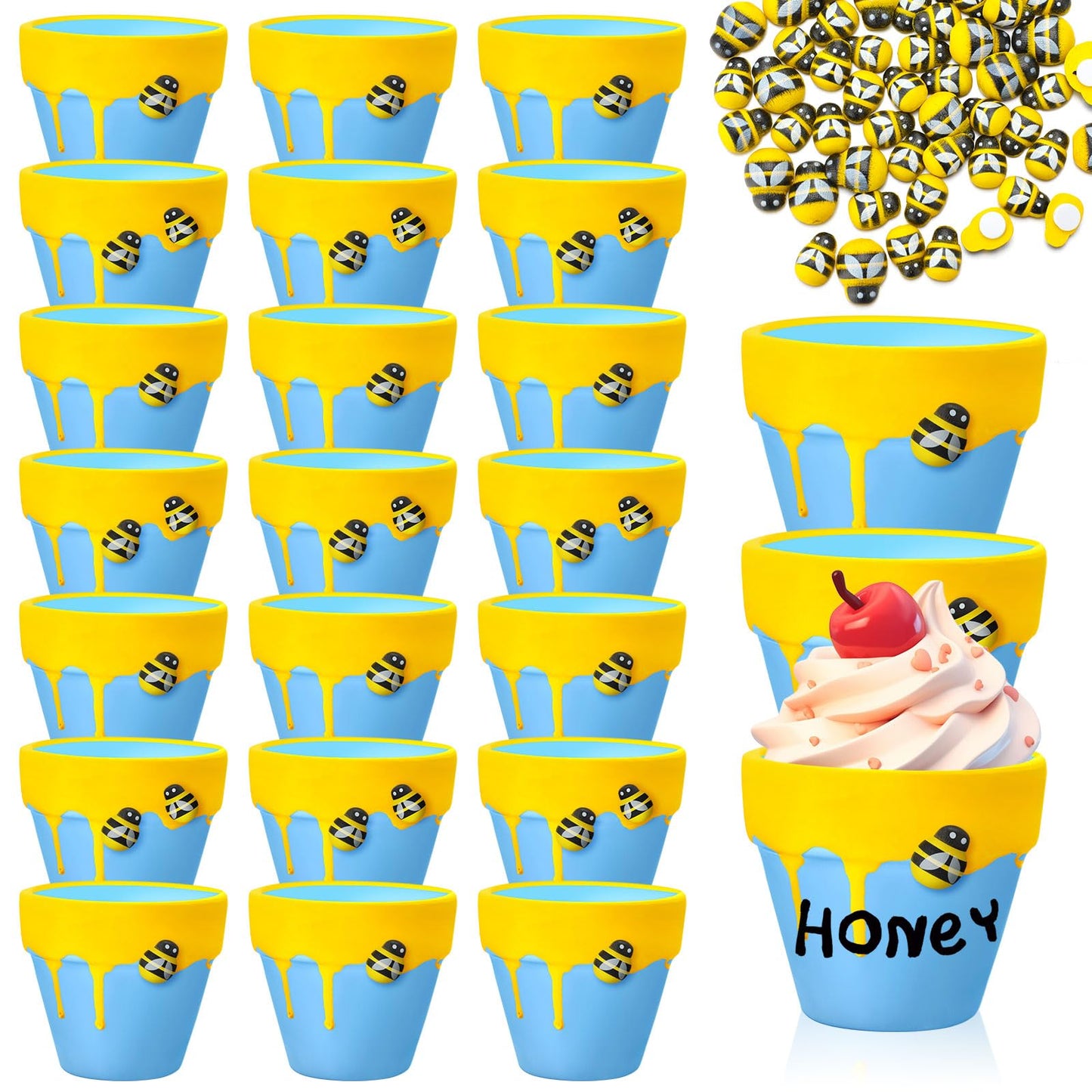 Yungyan 24 Pack Mini Honey Bee Pots with Bee Charms for Cupcake Honey Ceramic Jars Cute Honey Party Favors for Bee Themed Guests Wedding (Novel Style)
