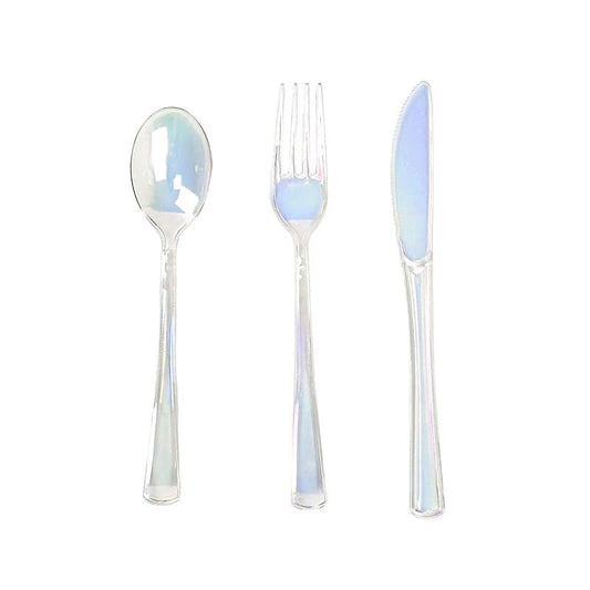 24 Iridescent Disposable Plastic Cutlery Spoon Fork and Knife Set Wedding Party Events Reception Tableware Decorations