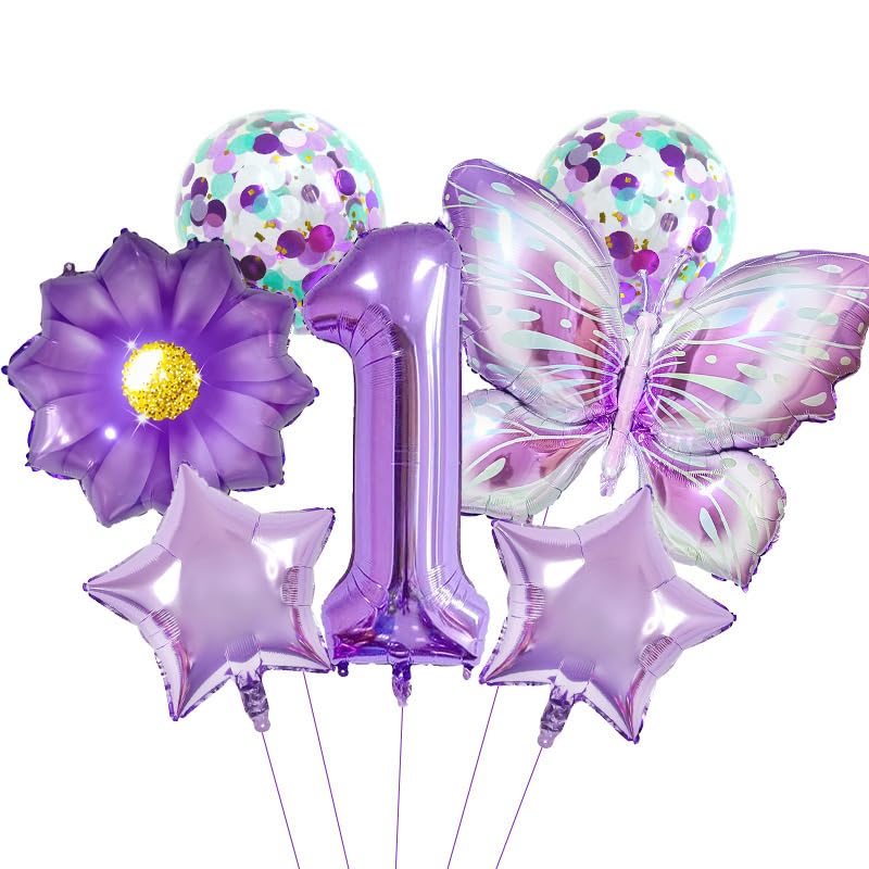 Purple Butterfly Girl 1st Birthday Balloon Set – 7 Piece