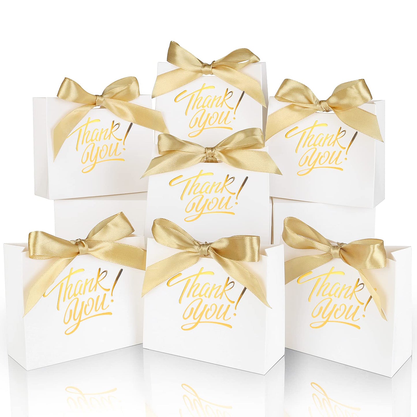 White Thank You Gift Bags with Gold Foil & Bow Ribbon – 60 Pack