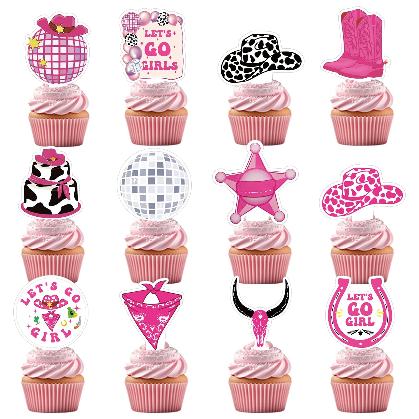 Cowgirl Pink Disco Cupcake Toppers – 36 Pack