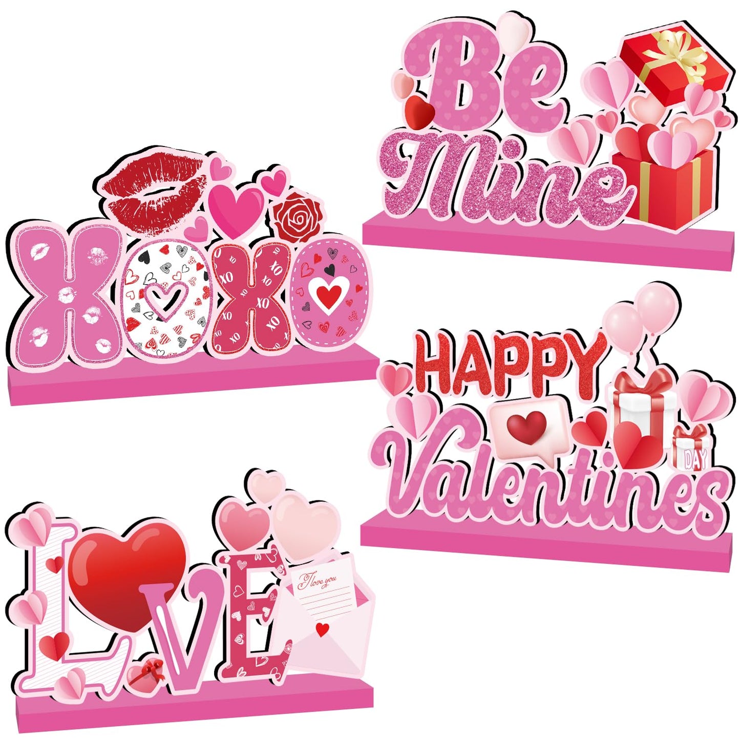 Happy Valentine's Day Wooden Table Centrepiece Decorations – 4 Piece