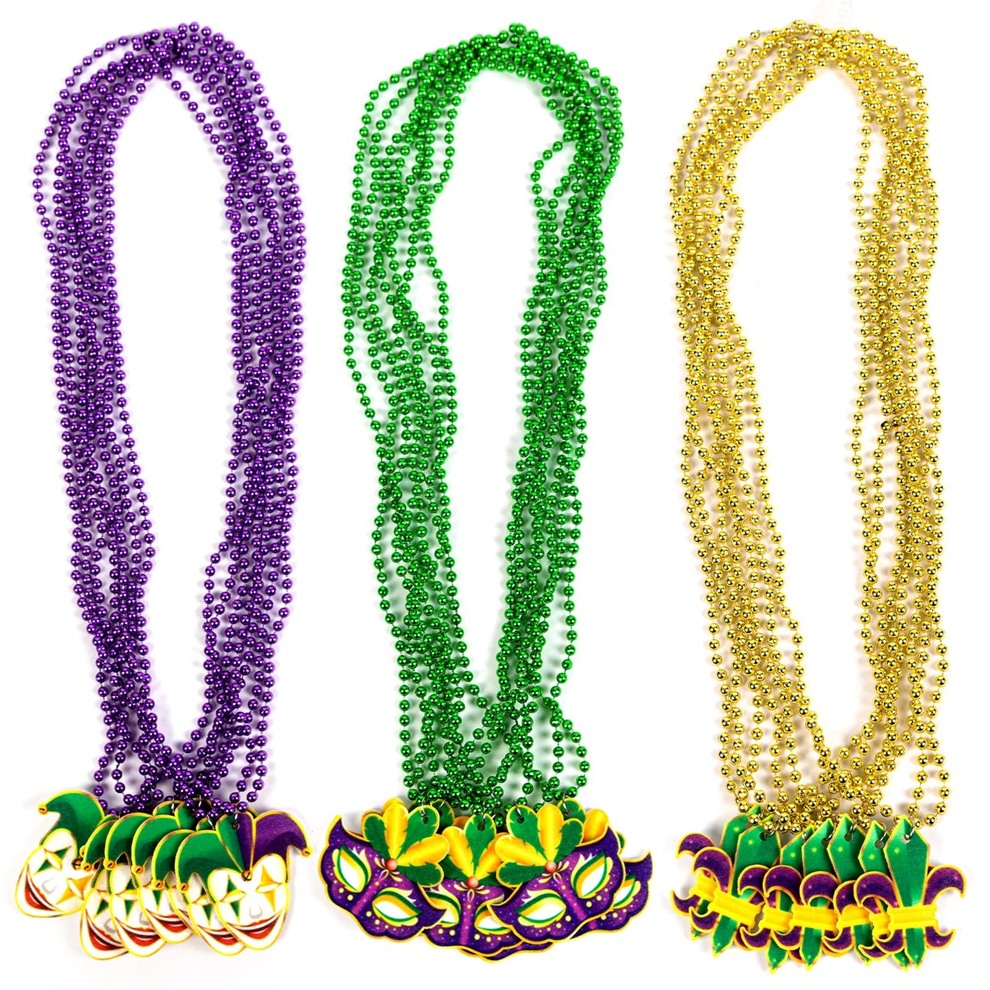 Mardi Gras Beaded Necklaces Purple, Gold & Green – 21 Pack
