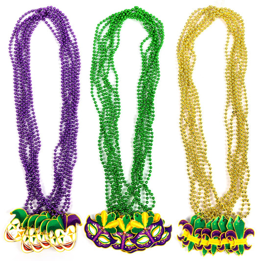 Mardi Gras Beaded Necklaces Purple, Gold & Green – 21 Pack