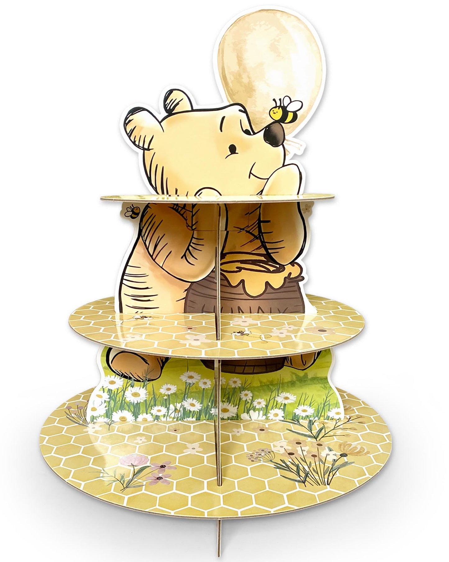 Classic Winnie Cupcakes Holder Cute Bear 3 Tier Cardboard Cupcake Stands for Party Cupcake Supplies Winnie Cupcake Party Supplies for Baby Shower Decorations