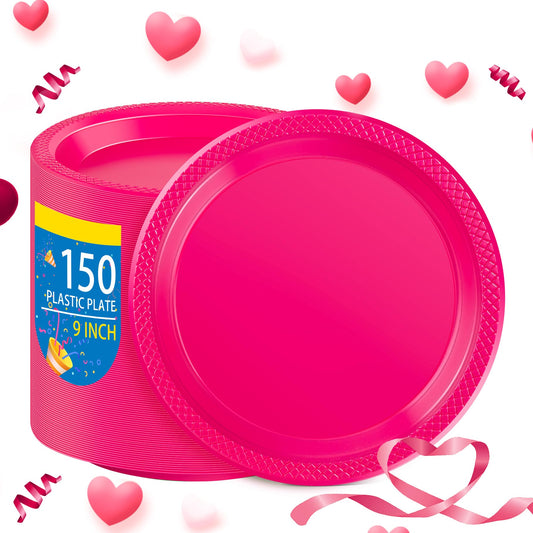 Hot Pink Plastic Dinner Plates 9 Inch – 150 Pack