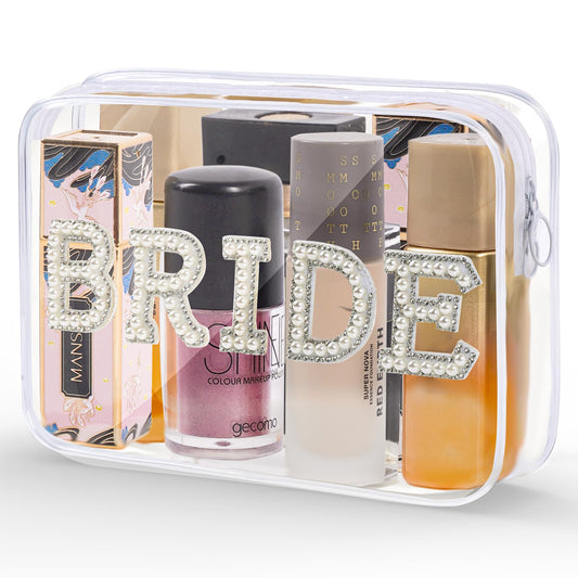 Bride Clear Makeup Bag with Pearl Rhinestone Letter Patch