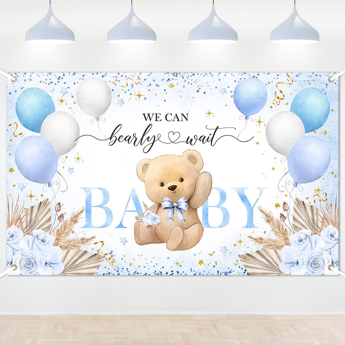 Blue Bear Baby Shower Backdrop – We Can Bearly Wait, 6 x 4 Ft
