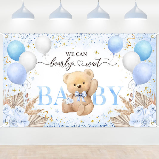 Blue Bear Baby Shower Backdrop – We Can Bearly Wait, 6 x 4 Ft
