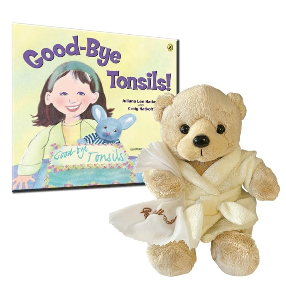 Tonsillectomy Gift Get Well Soon Teddy Bear with Goodbye Tonsils Childrens Book Gift Set Kids Tonsillectomy Recovery - White Robe