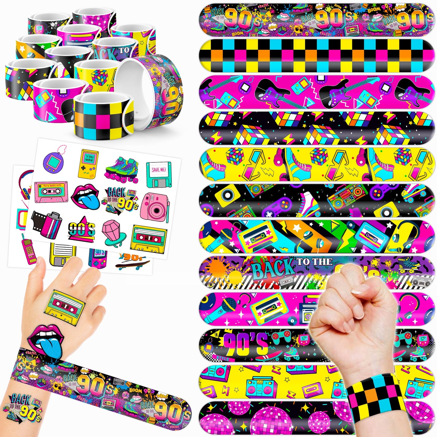 1990s Retro Slap Bracelets & Temporary Tattoos Party Favours – 48 Pack