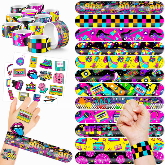1990s Retro Slap Bracelets & Temporary Tattoos Party Favours – 48 Pack