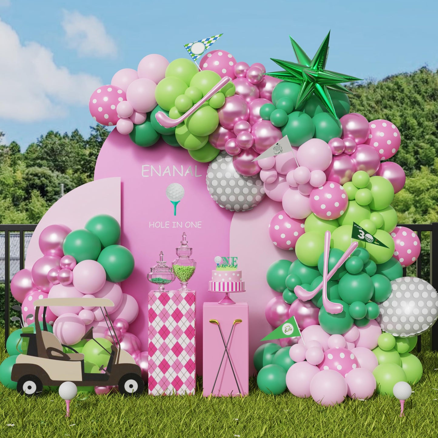 Enanal Hole in One Balloon Garland Arch Kit 153pcs Pink Green Balloons with Star Golf Clubs and Golf Foil Balloons for First Birthday Decoration Golf Party Girls Birthday Baby Shower Supplies