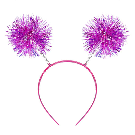 Hot Pink Foil Tinsel Pom Pom Party Headband for Women & Girls